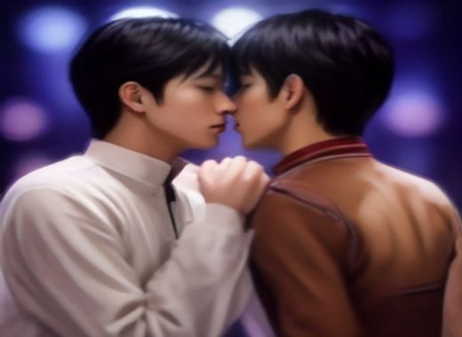 电影院放映厅内观众正在观看gay题材电影，大银幕上呈现感人的情感场景，观众神情专注投入